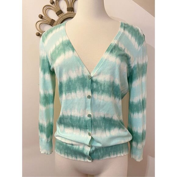 Tory Burch Theo Cardigan Mint White Shibori Tie Dye Striped L - Picture 3 of 5